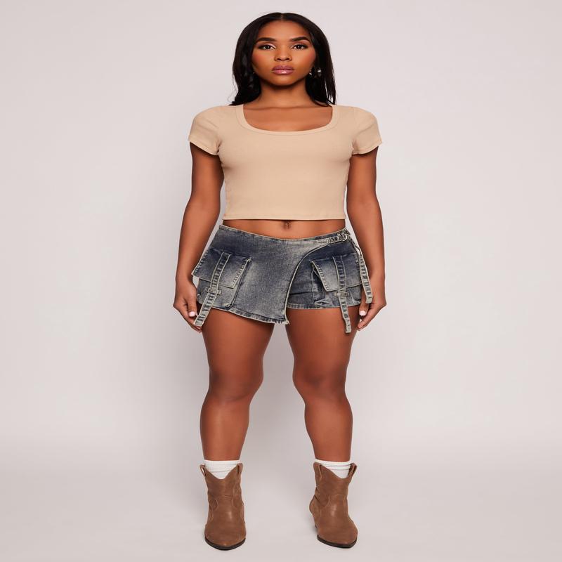 VIP Denim Asymmetrical Wrap Front Cargo Skort
