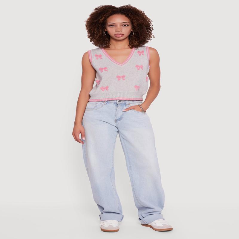 Chenille Bow Print V-Neck Sweater Vest