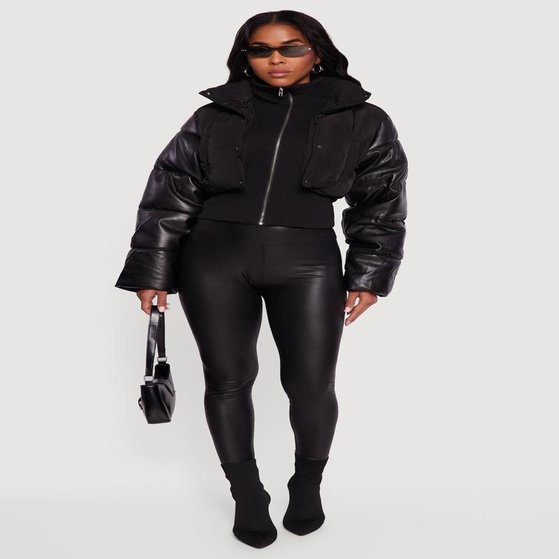 Double Layered Faux Leather Sleeve Mock Neck Puffer Jacket