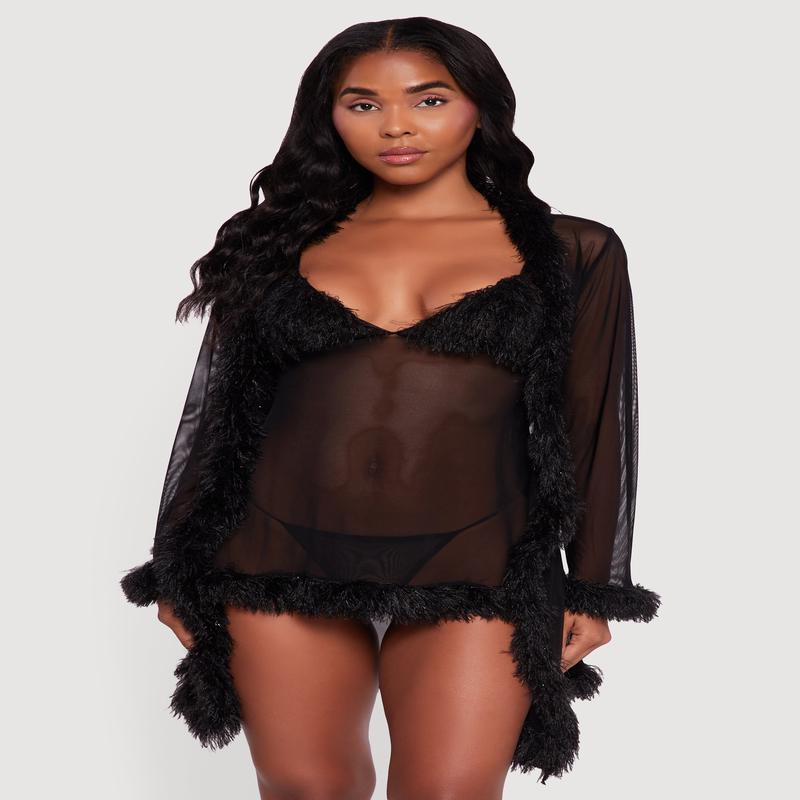 Feather Trim Mesh Robe and Babydoll with G String