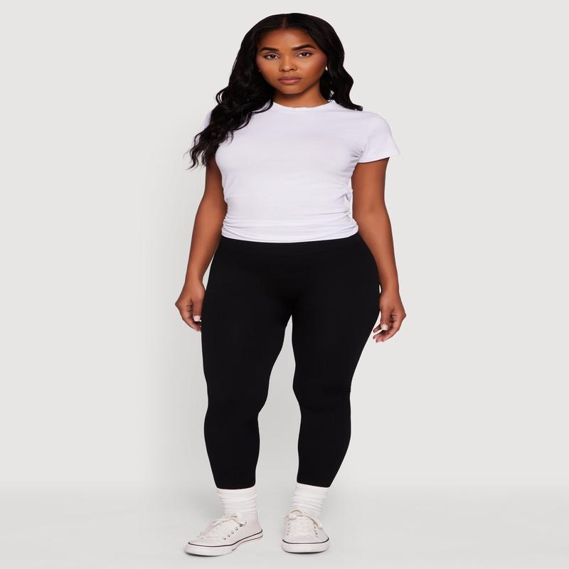 Fleece Lined Ribbed Knit Basic Mid Rise Leggings