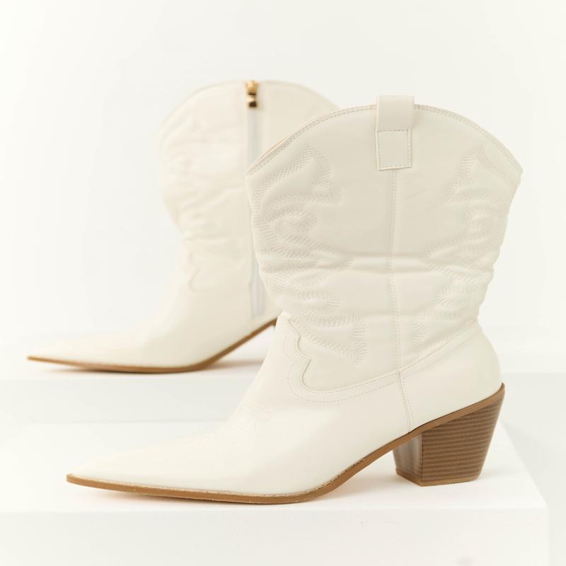Ivory Western Embroidered Mid Calf Boots
