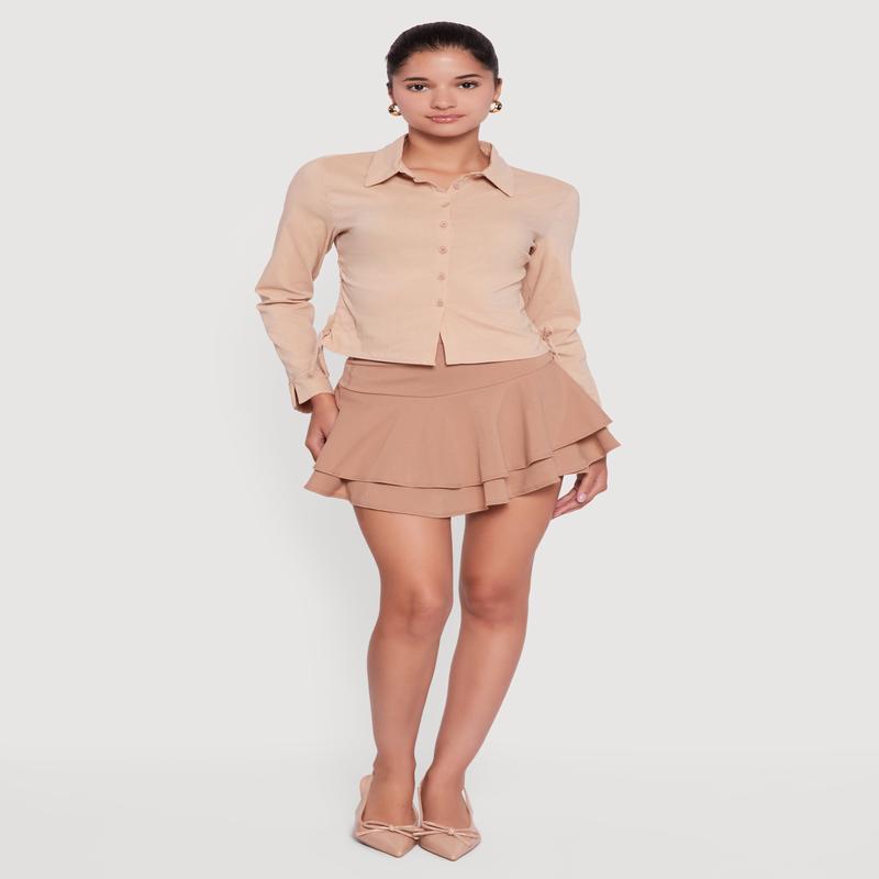 Side Tie Long Sleeve Button Front Shirt