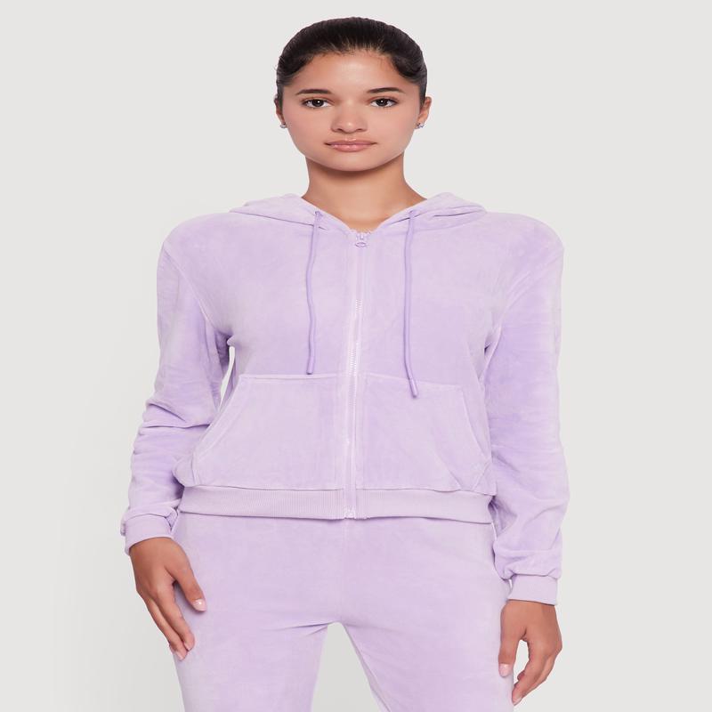 Velour Zip Front Drawstring Hoodie