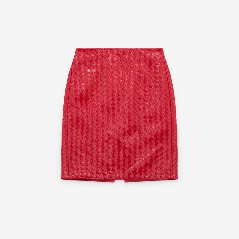Bottega Veneta - Womens Patent Intrecciato Leather Skirt - (Madder)