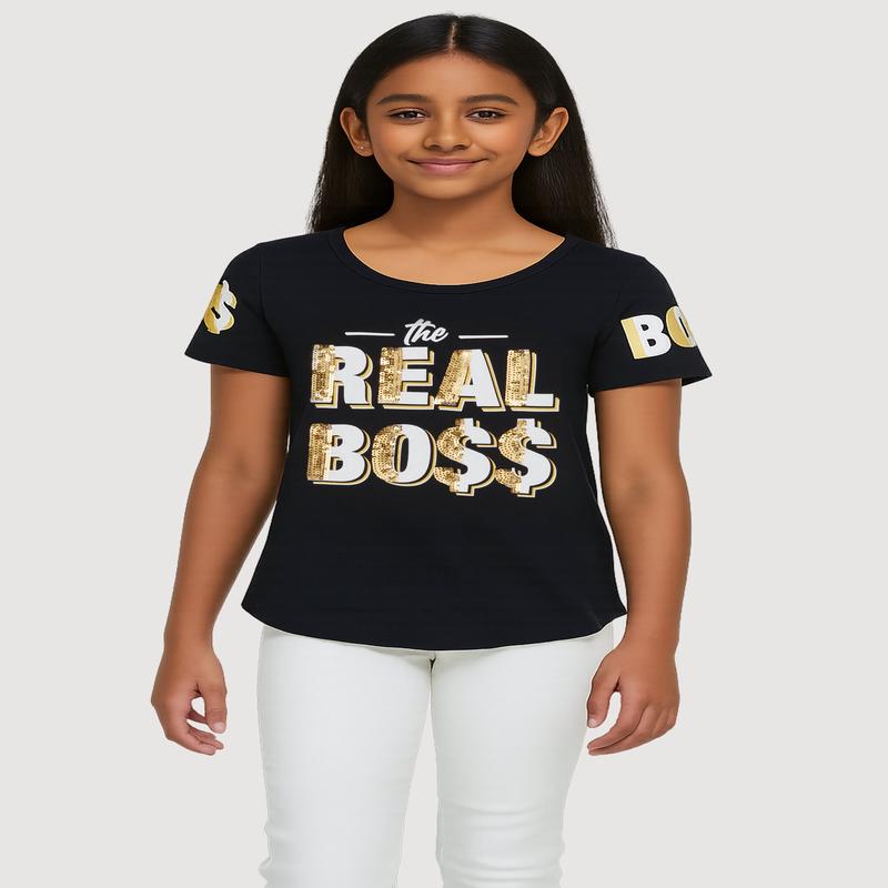 Girls Sparkly Sequin The Real Boss T Shirt