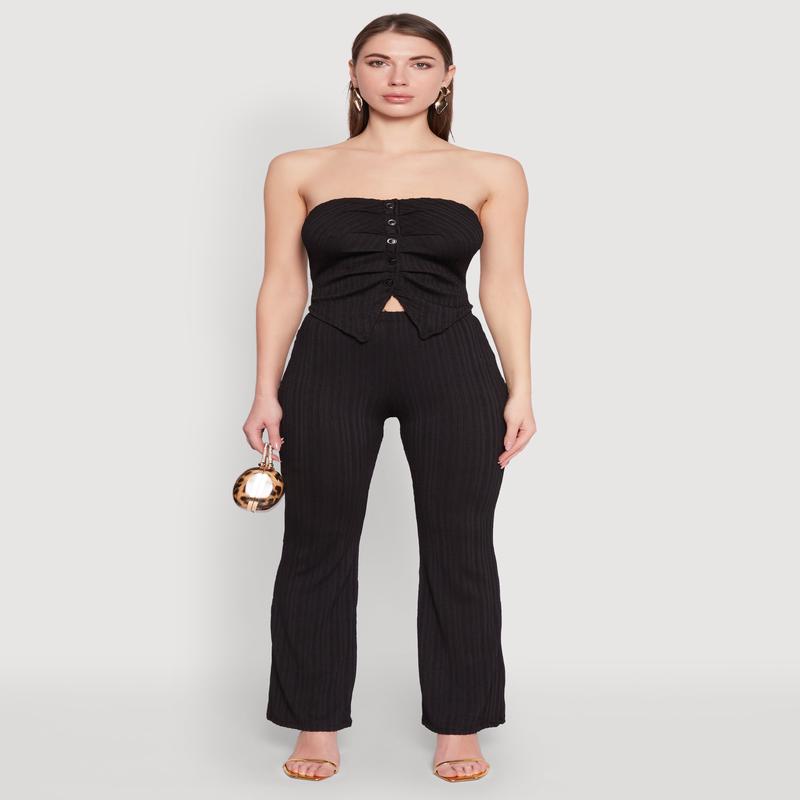 High Waisted Flared Rib Knit Pants