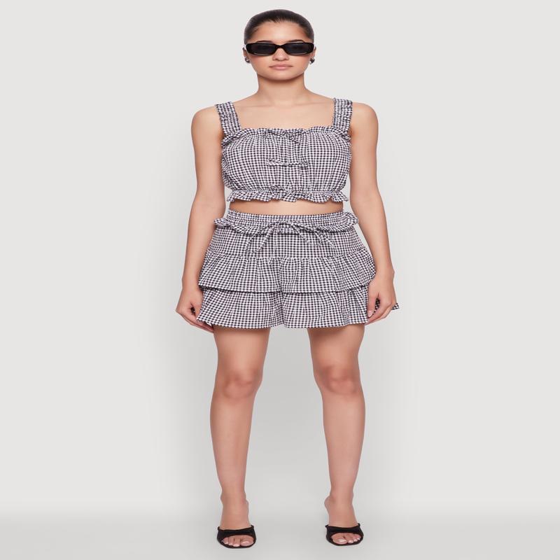 Iris Gingham Print Ruffle Tiered Skirt