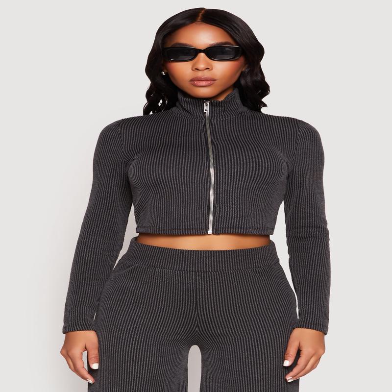 Iris Rib Knit Mock Neck Track Jacket