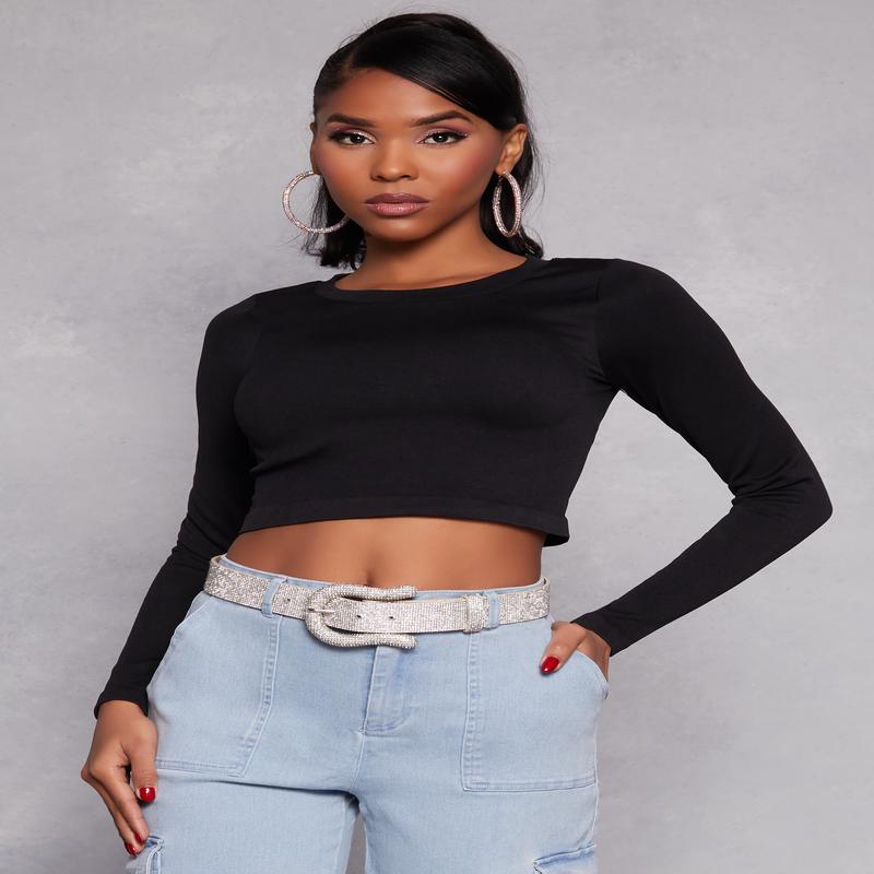 Seamless Ribbed Knit Crew Neck Crop Top