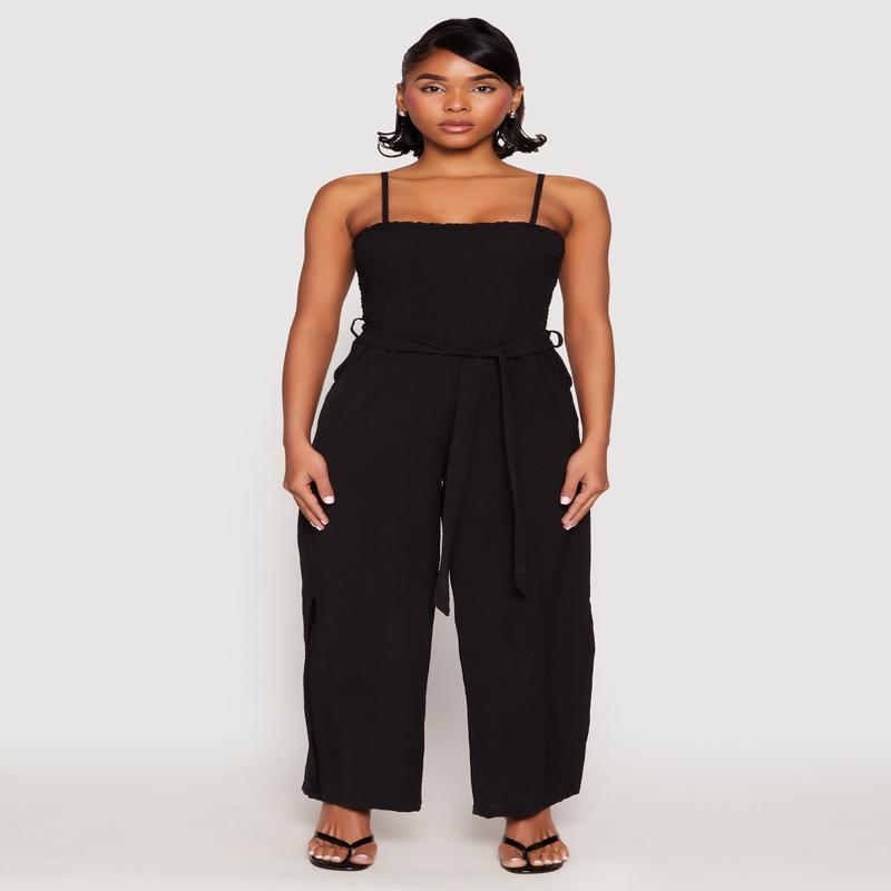 Side Slit Smocked Tie Waist Jumpsuit