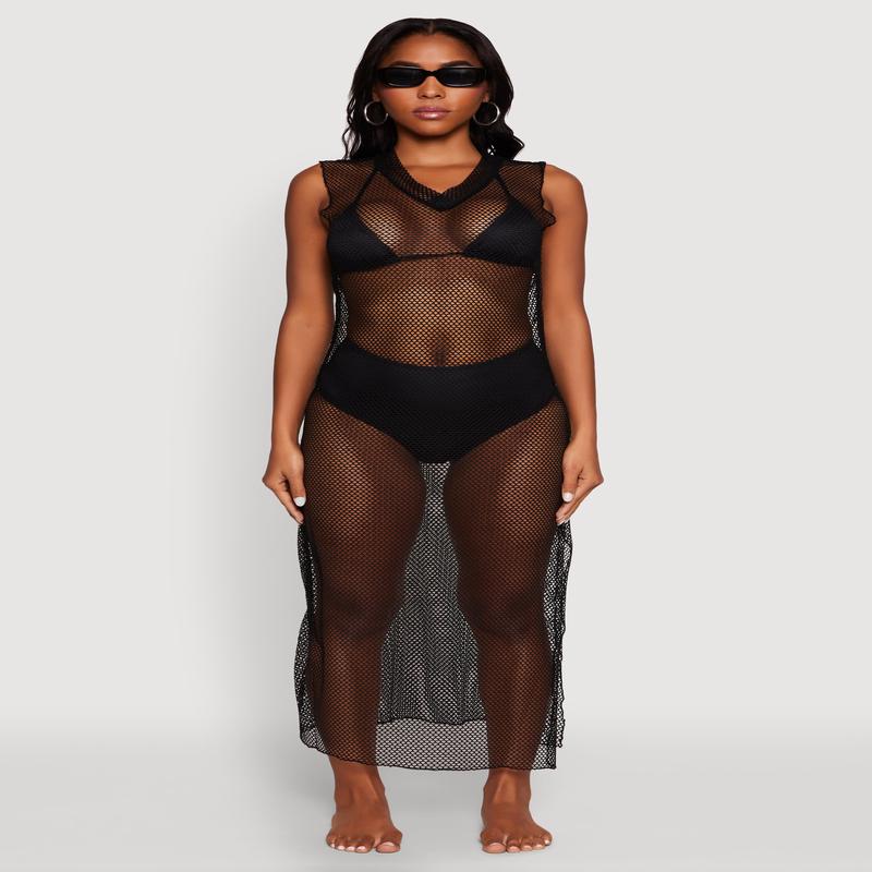 V Neck Side Slit Fishnet Cover Up Dress