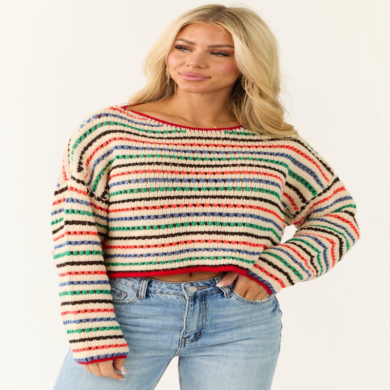 Cream Multicolor Striped Open Crochet Sweater