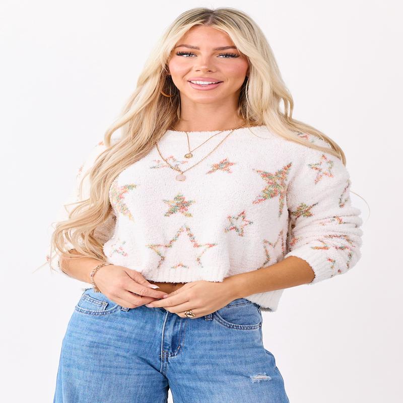 Mello Ivory Star Pattern Fuzzy Knit Sweater