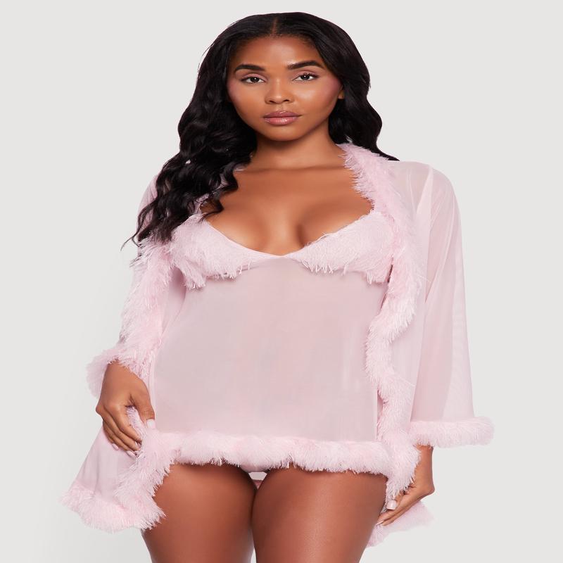 Mesh Feather Trim Robe and Babydoll with G String