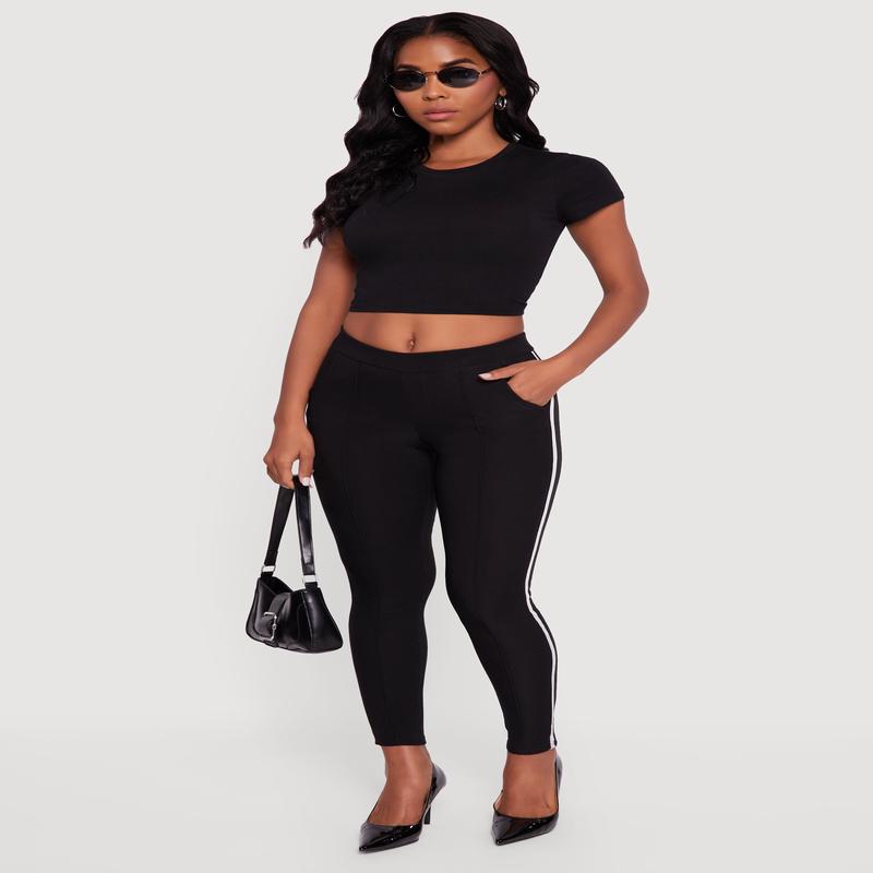 Mid Rise Skinny Leg Pants with Side Stripe