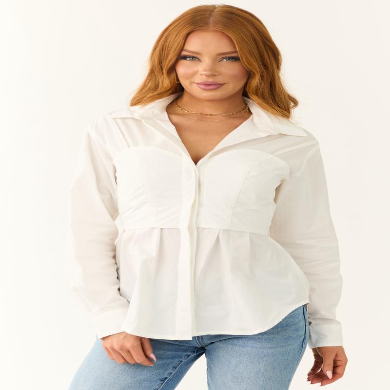 Off White Attached Corset Style Long Sleeve Top