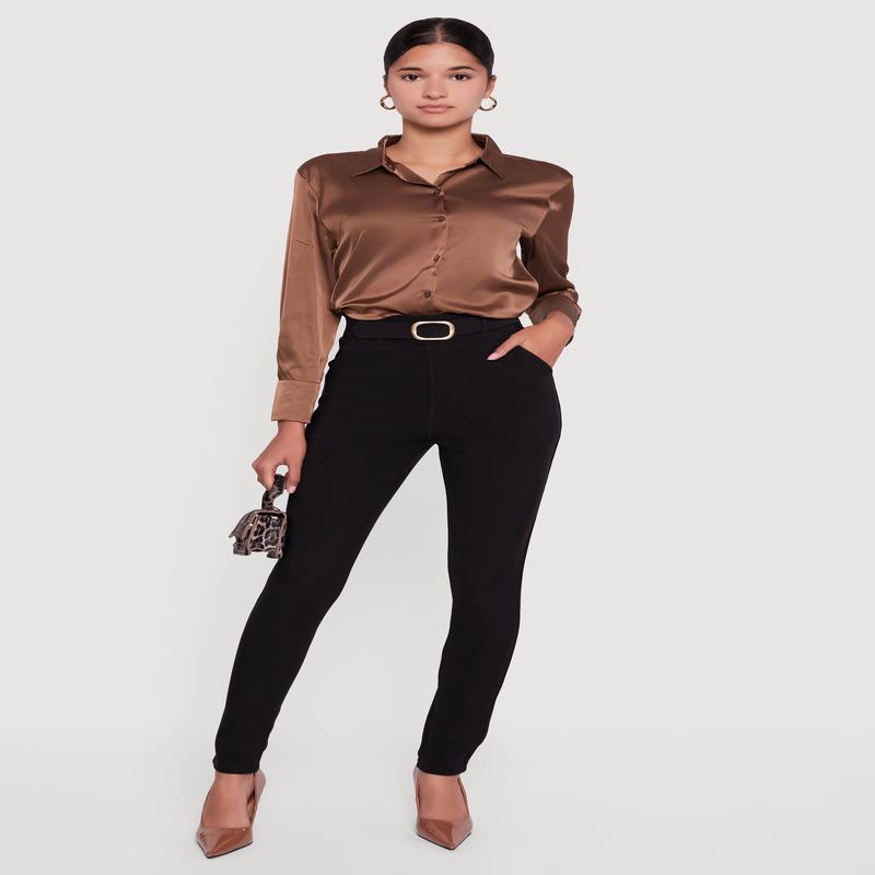 Skinny Leg Scuba Dress Pants with Buckle Front