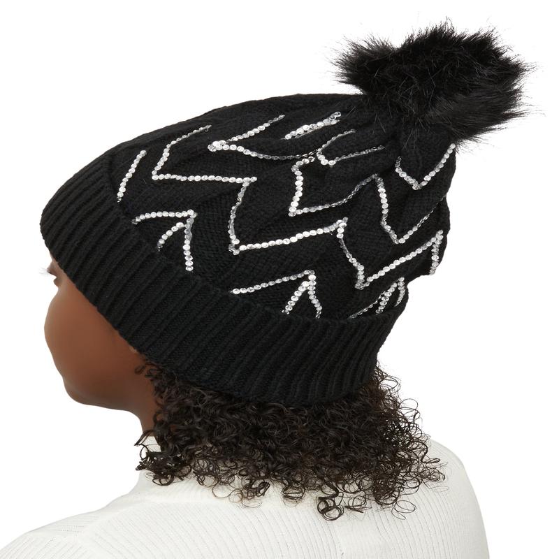 Textured Knit Sequin Pom Pom Beanie
