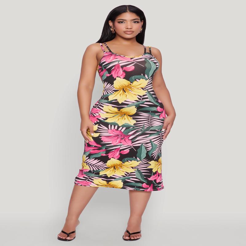 Tropical Floral Print Double Strap Cami Dress