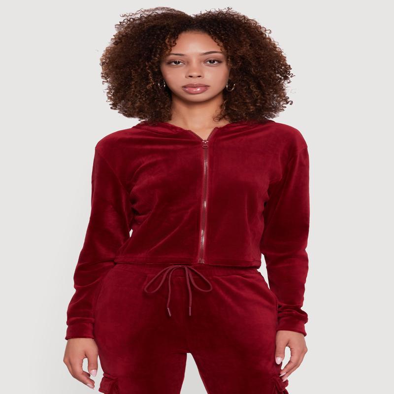 Velour Cropped Zip Front Hooded Track Jacket