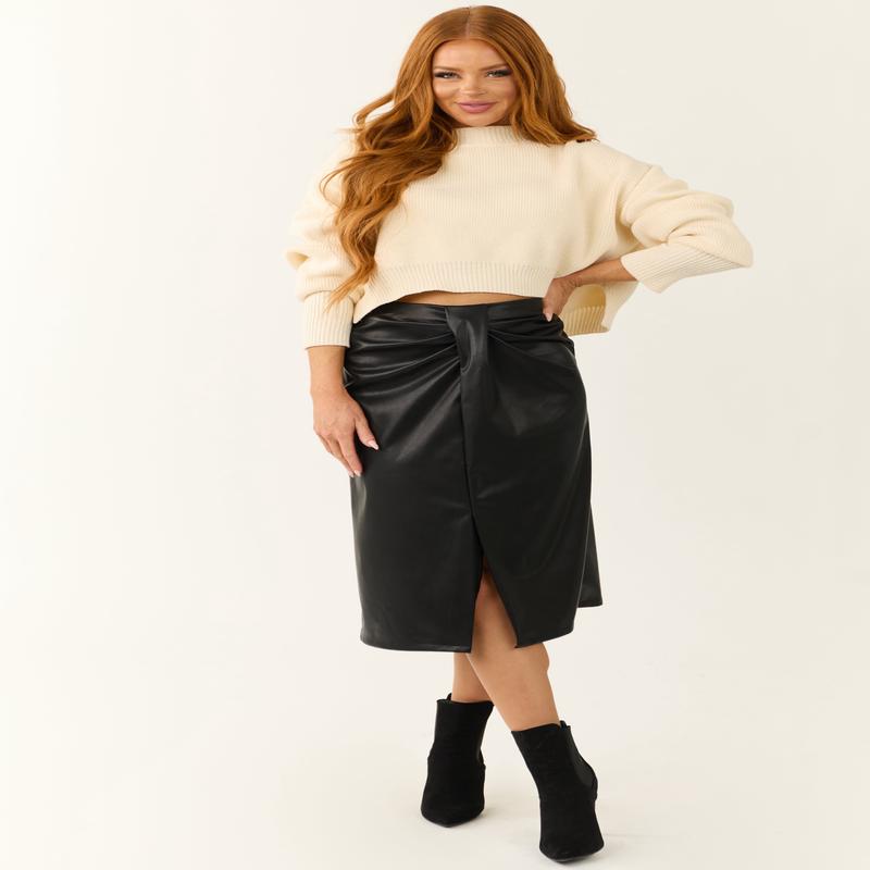 Black Faux Leather Pleating Detail Midi Skirt