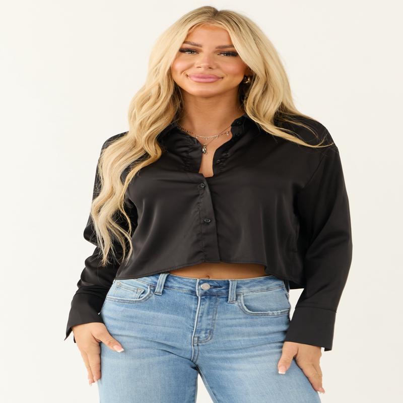 Black Satin Long Sleeve Button Down Top