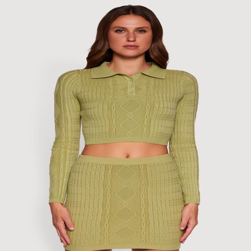 Cable Knit Polo Collar Cropped Sweater