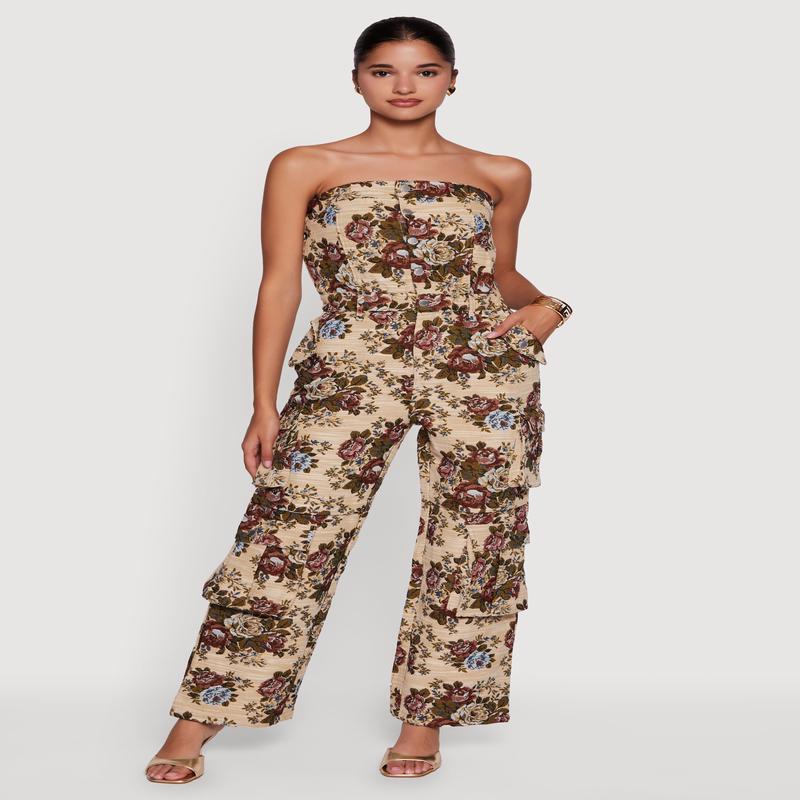 Floral Jacquard Strapless Utility Jumpsuit