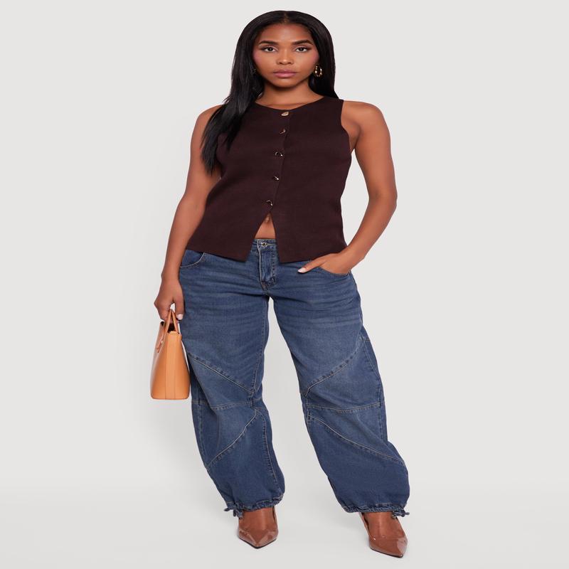 Metallic Button Front Sleeveless Sweater