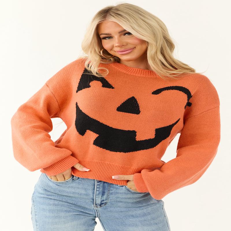 Pumpkin and Black Graphic Long Sleeve Sweater