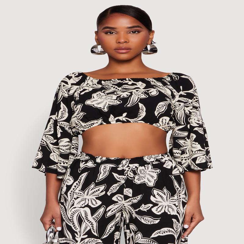 Spoon Jeans Boat Neck Bell Sleeve Crop Top