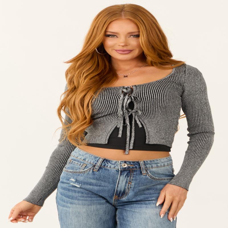 Metallic Silver and Black Open Front Tie Cropped Top