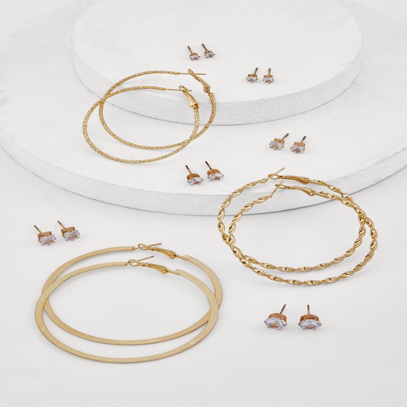 Metallic Textured Hoop and Stud Earrings Set of 9
