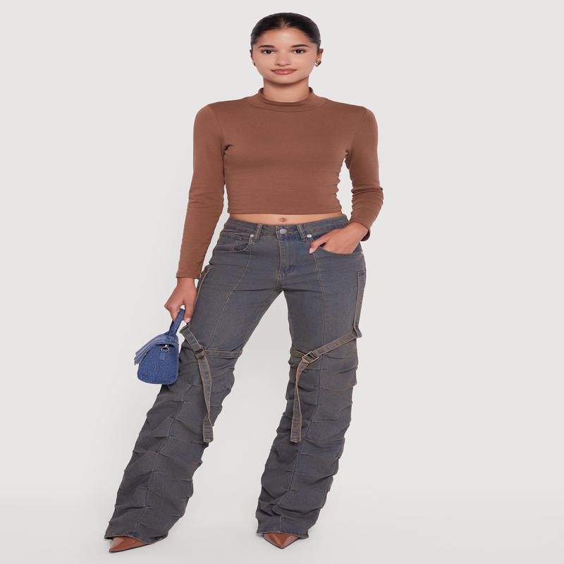 Pintuck Detail Stacked Straight Leg Jeans with Thigh Straps