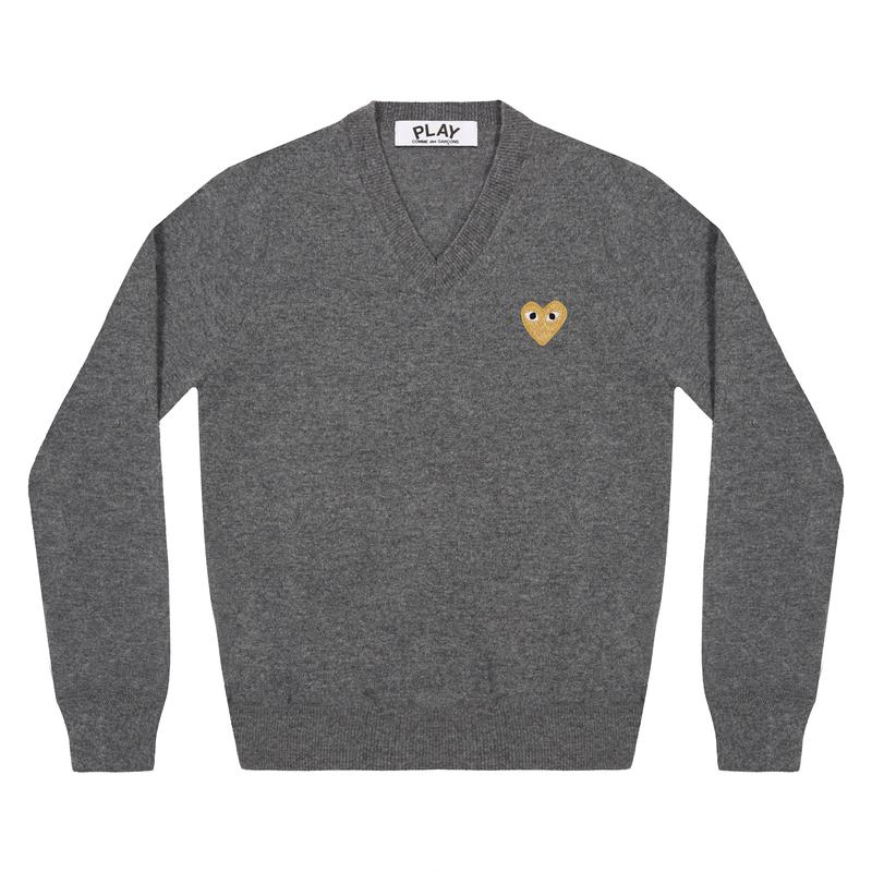 Play - Gold Heart V-Neck Sweater - (Mid Grey)
