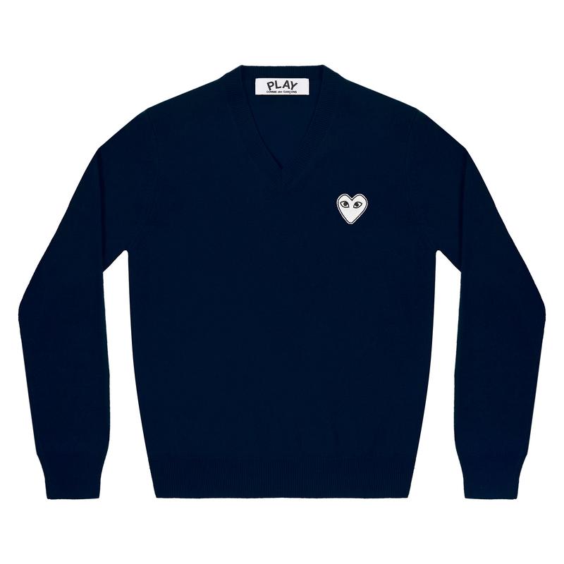 Play - White Heart V Neck Sweater - (Navy)