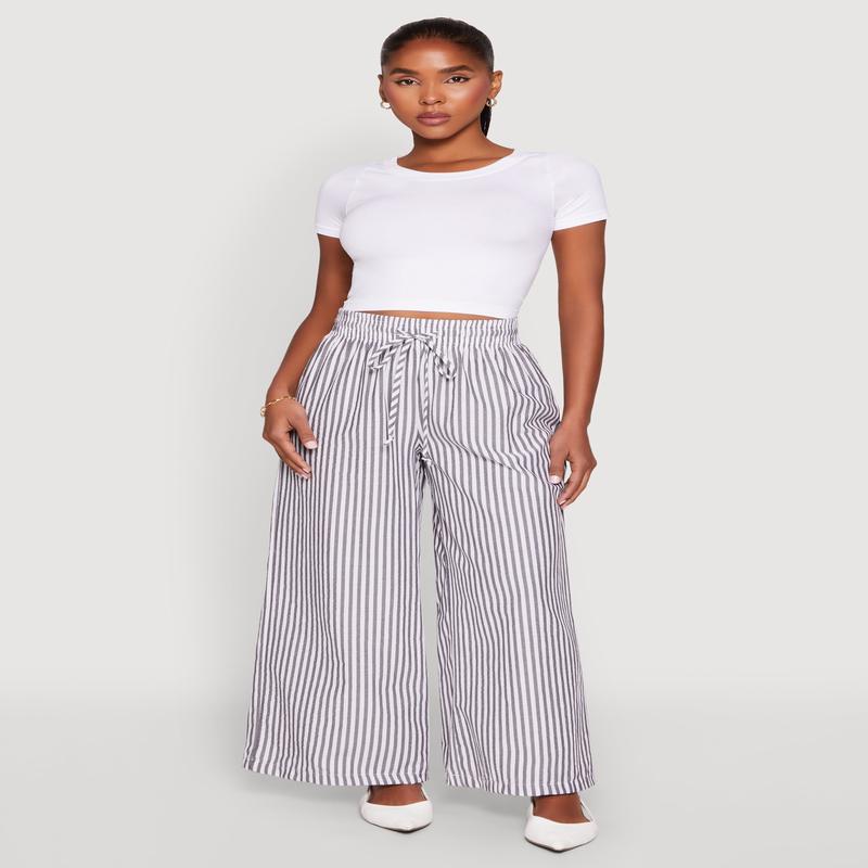 Striped Drawstring Wide Leg Pants
