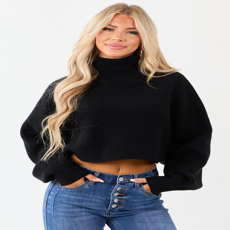 Black Turtleneck Cropped Thick Sweater