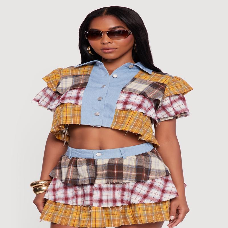 Cropped Denim Detail Raw Hem Plaid Tiered Shirt
