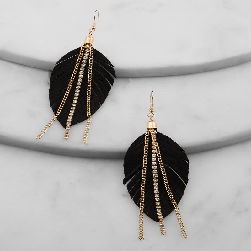 Fringe Rhinestone Chain Leaf Earrings