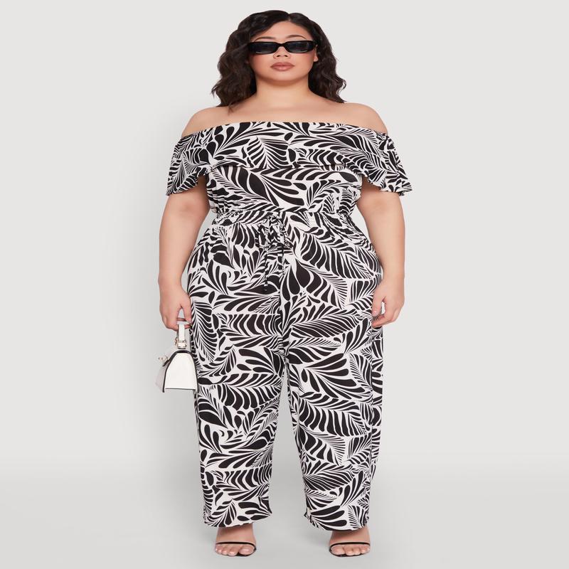 Plus Size Leaf Print Off the Shoulder Jumpsuit