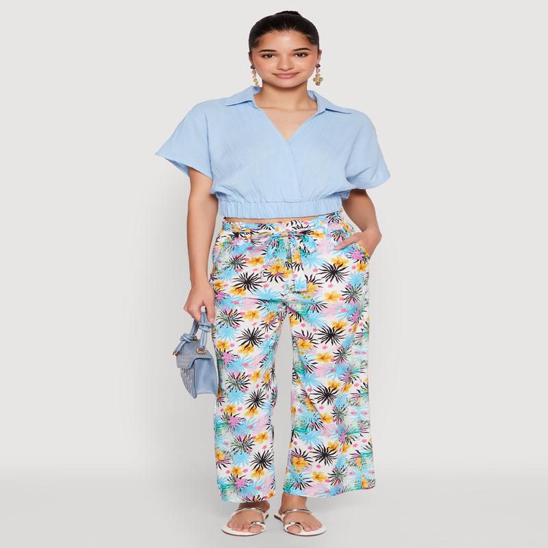Tropical Print Paper Bag Waist Pants