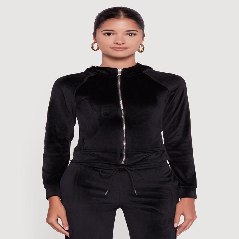 Velour Long Sleeve Solid Zip Front Hoodie