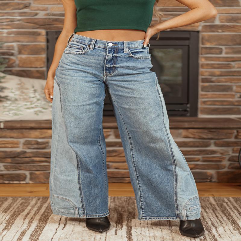 Cello Medium Wash Pocket Hem Detail Wide Leg Jeans