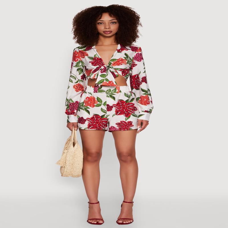 Crepe Knit Floral High Waisted Shorts