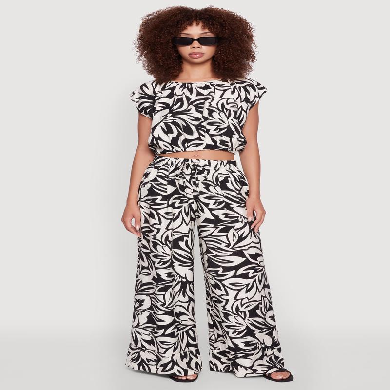 Crepe Knit Floral Palazzo Pants with Drawstring Waist