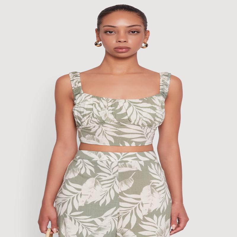 Iris Sleeveless Leaf Print Scoop Neck Crop Top