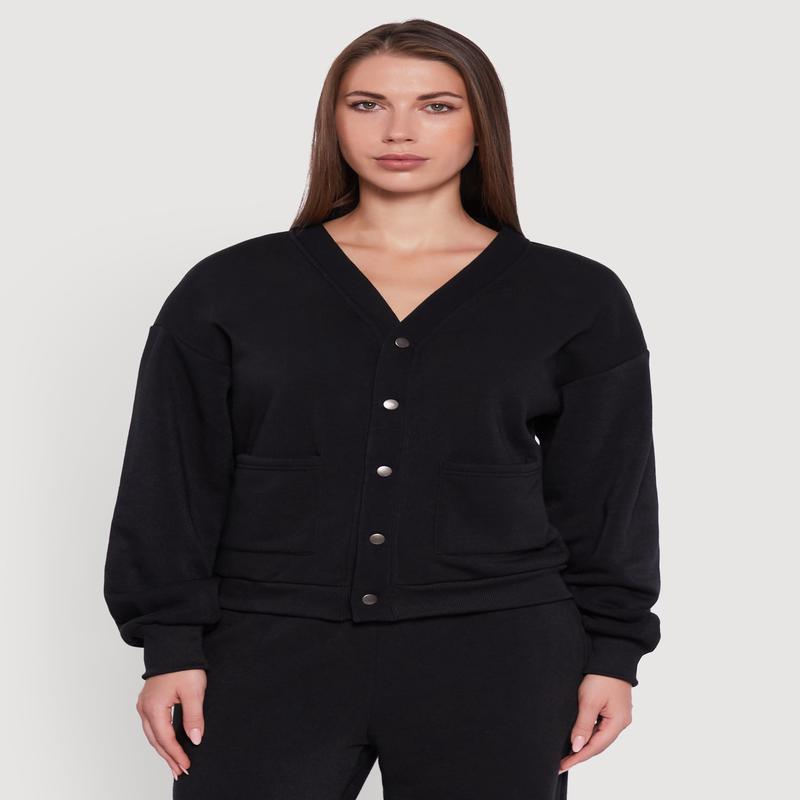 Oversized Fleece Lined V-Neck Button Front Cardigan