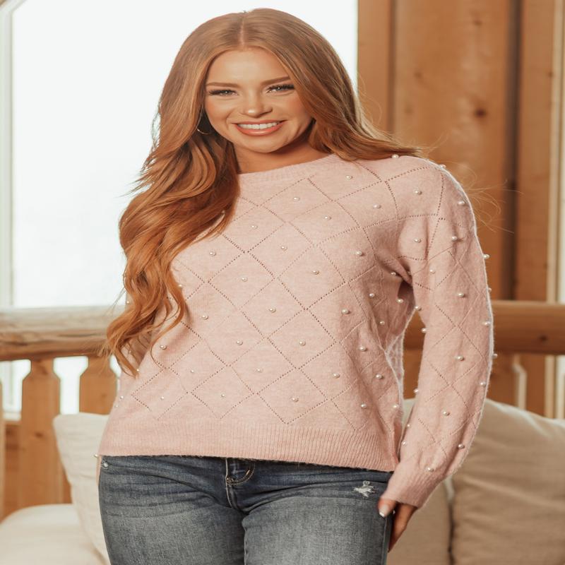 Pale Blush Pearl Detail Diamond Pointelle Knit Sweater